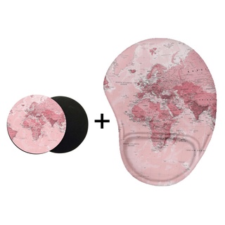 Mouse Pad Ergonômico Mapa Mundi Rosa E Porta Copo