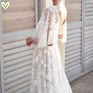 Vestido De Noiva Branco Com Apliques De Renda Para Praia / Vestido De Noiva Com Decote Em V (7)