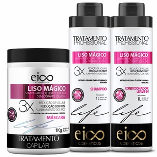 Kit Eico Shampoo Sem Sal e Condicionador Leave-in Liso Mágico 1l + Máscara Tratamento Creme de Hidratação 1kg Redução de Volume e Reduz o Frizz (1)