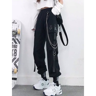 Calças femininas de cintura alta cargo streetwear bolsos calças soltas com corrente
