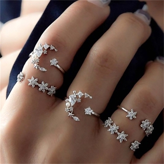 5 Pçs / Set Mulheres Acessórios De Moda Bohemian Retro Jóias Diamante Lua Estrelas Folhas Abertas De Cristal Conjunto Anel De Dedo
