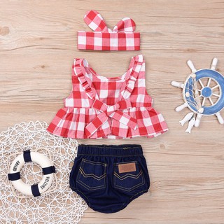 3PCS Toddler Girls Summer Clothing Set kids Casual Sport Suits Plaid Skirted T-shirt Tops+Denim Shorts Bloomers Headband