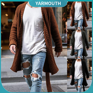 Yar_Knitted Coat Large Size Keep Warm Cardigan Men Long Sleeve Midi Sweater Coat for Home