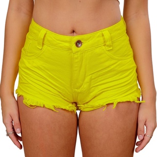 Short Bermuda Jeans Amarelo Feminino Cintura Alta Destroyed Hot Pants