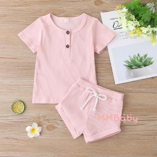 ✸ღ✸0-24m Newborn Baby Girls Boys Rib-knitted Short Sleeve T-shirt +Shorts 2Pcs Set Casual Cotton Clothing (4)