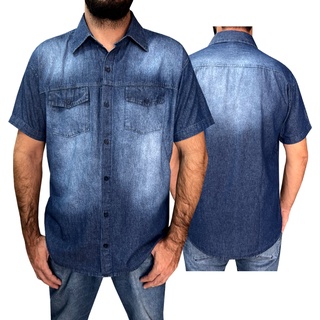 Camisa Social jeans adulto manga curta masculina com 2 bolsos e botões.