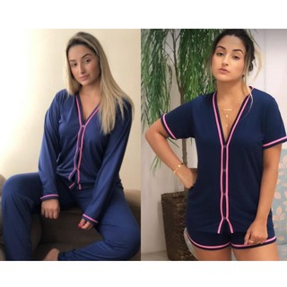 Kit 2 Pijamas Americanos Feminino Aberto com Botão de frio Inverno e calor Verão cirurgico amamentação gestante curto
