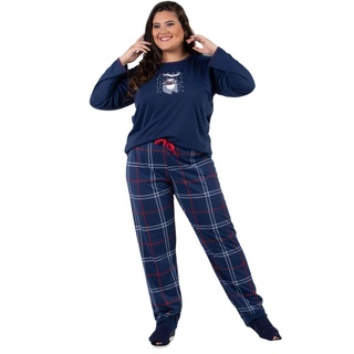 Pijama Feminino Plus Size De inverno Blusa Estampada Manga Longa e calca Confortavel Para o Frio