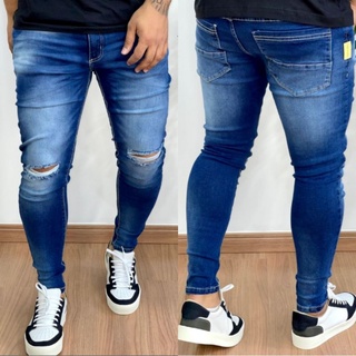 Calça jeans masculina rasgo joelho com elastano lycra super skinny rasgada joelho jeans claro e escuro
