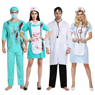 Adulto Traje De Halloween Cosplay Branco Vestido Médico Com Sangue Horror Enfermeira Masquerade (2)