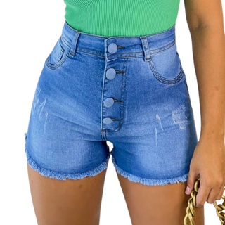 Short Jeans Feminino Cintura Alta Barra Desfiada com Lycra