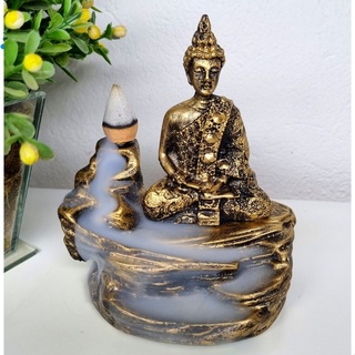 Incensario Cascata Buda na Pedra meditando zen