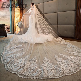 Véus De Noiva Longo Luxo Branco/Marfim Comprimento Cateedderal Lace Applique 4 M Véu De Casamento Com Pente Acessórios Do