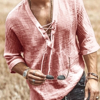 🔥Entrega em 24 horas🔥Camiseta masculina casual retro com decote em V Camiseta casual solta Camiseta Top camisa com cordão (4)