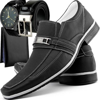 Sapato Social Masculino Preto Com Cinto e Carteira + Relógio