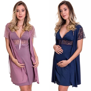 KIT 2 Camisolas Amamentação Gestante com Robe Lilás + Azul Amamentar Maternidade Estilo Sedutor - ES206-207-V06 (1)