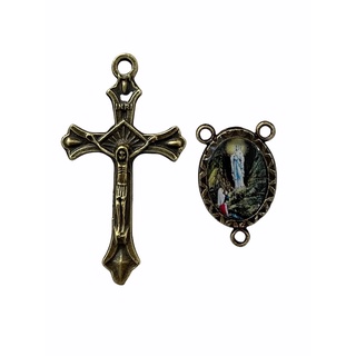 kit 10 entremeios Nossa Senhora de Lourdes ouro velho + crucifixos para fazer terços atacado