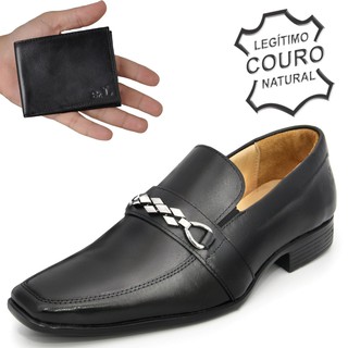Sapato Masculino Social de Couro Legítimo com Metal Diamantado + Brinde Carteira de Couro