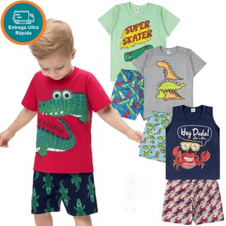 3 Conjunto Infantil Menino Masculino Bermuda e Camiseta Machao Praia Estampa