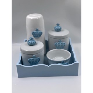 Kit Higiene Porcelana Bandeja Mdf Térmica Branca Apliques Azul Bebê