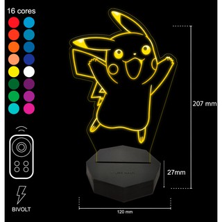 Luminária Led Acrílico - Abajur Mod: Pikachu - 16 Cores – RGB