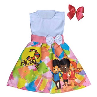 Vestido Infantil de Festa Temático Três Palavrinhas + Laço Boutique