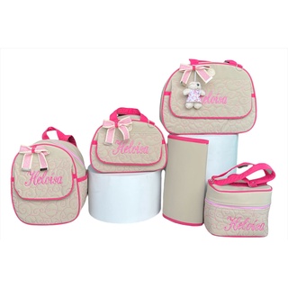 Kit Bolsa Maternidade 5 peças Personalizada Pink Menina Aba com detalhe bege