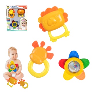 Kit Chocalho e Mordedor Leãozinho e Girafinha Brinquedos Para Bebê Colorido Infantil 3 Peças
