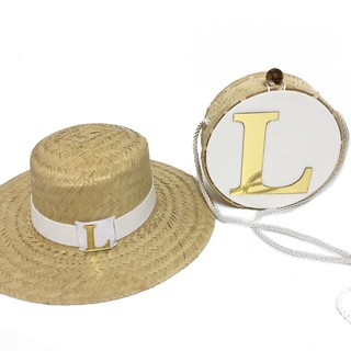 Bolsa Redonda/Clutch/CircleBag + Chapéu Palha + Faixa Personalizada Letra Nome Moda Praia Verão