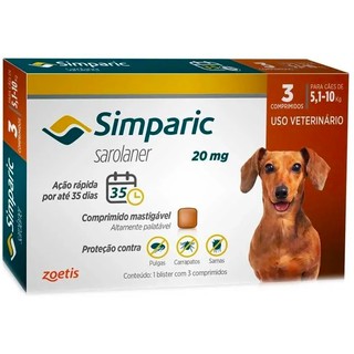 Antipulgas Simparic 20 mg para cães 5,1 a 10 kg com 3 comprimidos - Zoetis - 20mg