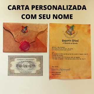 Carta Hogwarts Harry Potter Personalizada + Envelope + Ticket (Nome personalizado) Carteirinha de estudante Grifinória Sonserina Corvinal Lufa-lufa (1)