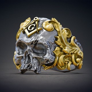 Clássico crânio maçônico aço inoxidável 316L gótico punk crânio cabeça dos homens anel de motociclista jóias (1)