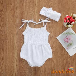 ✨-0-18m Baby Girls Cotton Linen Ruched Solid Color Sleeveless Rompers + Headband (4)