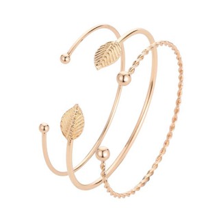3un / Conjunto Pulseira Aberta Folha Dourada Bracelete Moda Feminina | 3pc/set Open Leaf Gold Bangle Bracelet Fashion Women Charms Ajustable