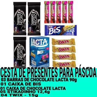 Kit de Presente Páscoa - 3 Barras de Chocolate 90g + 1 Caixas de Bis + 5 Stikadinho 12,4g + 3 Twix 15g + 1 Caixa De Chocolate Lacta
