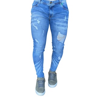 Calça Jeans Masculina Creed Jeans Super Skinny Destroyed Azul Claro