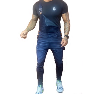 Macacão Jardineira Masculino Jeans Azul escuro Comprido super skinny