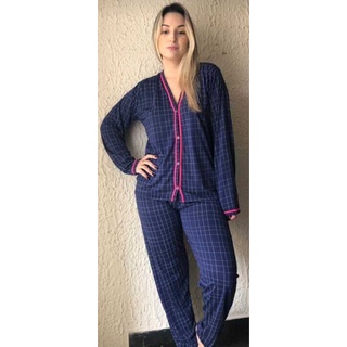 Pijama De Frio Blogueirinha de Botão Americano Pijama Inverno Calça e manga longa