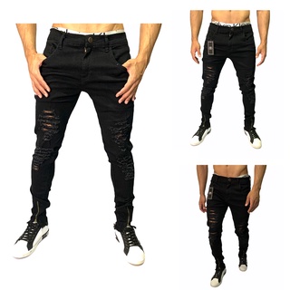 Calça preta Masculina jeans Destroyed Skinny Laycra Ziper na Barra Jeans barata em promoção slim rasgada com estilosa na moda (1)