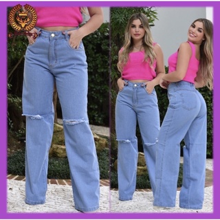 calça wide leg jeans pantalona feminina cintura alta