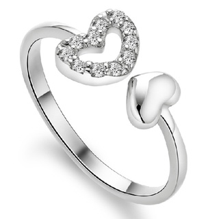 Anel feminino de prata esterlina S925 para mulheres anéis ocos duplo coração de abertura ajustável