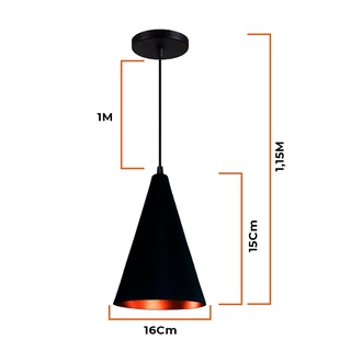 Kit 3 Luminarias Pedentes Modelo Cone Funil preto/cobre Casa e Decoração (3)