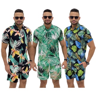 Kit 3 Conjuntos Masculino Floral Moda Praia Camiseta + Shorts Listrados Verão