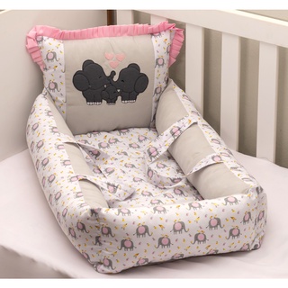Ninho Redutor de Berço Bordado Elefantinho Com Alça e Travesseiro/Cabeceira Bebê Menina Rosa/Cinza