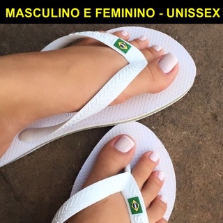 Chinelo do Brasil Adulto Infantil BRANCA - Havaianas Brasil Unissex - Listras Verde e Amarela - Tiras Com Bandeira do Brasil