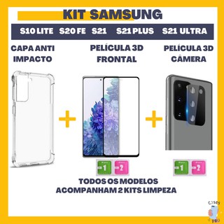 Kit Samsung Galaxy Capa Anti Impacto Película Frontal 3D Película Câmera 3D Protetora da Lente S10 Lite S20 FE S21 S21 Plus S21 Ultra