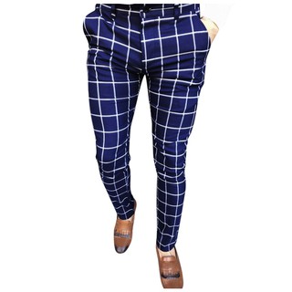 [BGK] Fashion Men Casual Business Slim Fit Plaid Print Zipper Long Pants Trousers (2)
