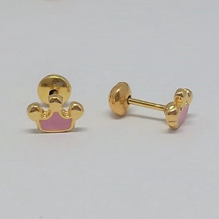 Brinco Bebê - Infantil - Segundo furo Mini Coroa Rosa - Banho Ouro 18k Hipoalergênico (Antialérgico)