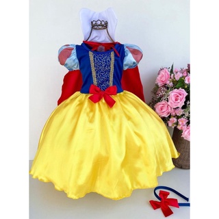 Fantasia Infantil Branca de Neve Completa Fantasia Vestido Infantil Princesas Disney Menina Branca de Neve Infantil + Tiara + Capa