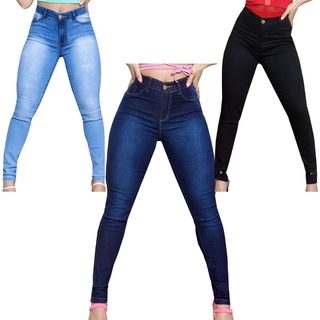 Kit 3 Calças Femininas Jeans Cintura Alta Elastano Skinny Veste Bem